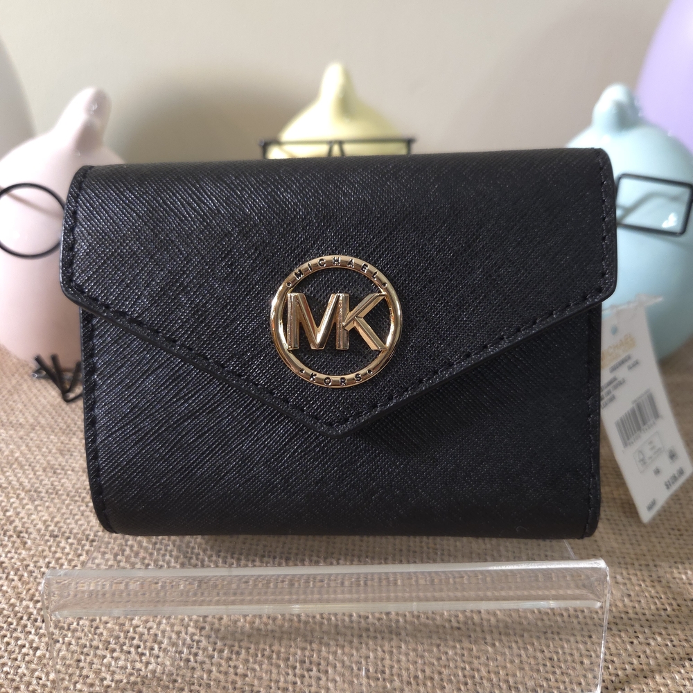 NWT Michael Kors Greenwich Black Trifold Leather Wallet